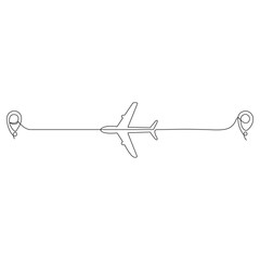 Continuous single line sketch drawing of airplane flying from maps pin pointer location.