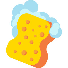 Cartoon Yellow Sponge with Orange Rim Covered in Blue Suds and Bubbles for Cleaning and Washing with a Transparent Background