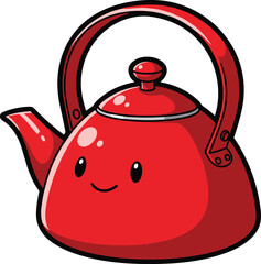 Cute red kawaii kettle, smiling teapot, adorable cartoon kitchen utensil, boiling tea pot illustration, cute cookware design for kids and crafts