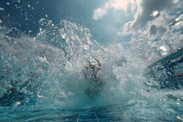 Slow motion capture of a diver entering the water in a refreshing pool on a sunny day