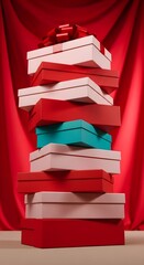 Stacked gift boxes with red bow on red background