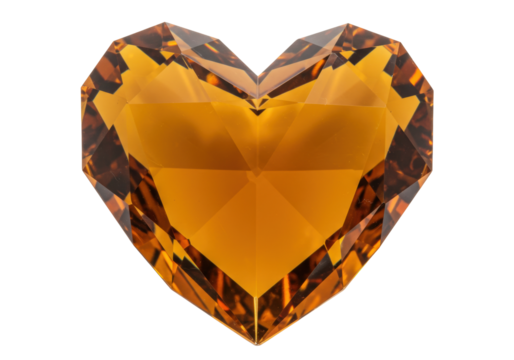 Isolated faceted gemstone in heart shape, transparent golden yellow decorative crystal art