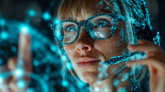 Woman with glasses interacting with a digital holographic interface