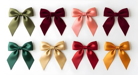 Variety of colorful festive bows on a clean white background