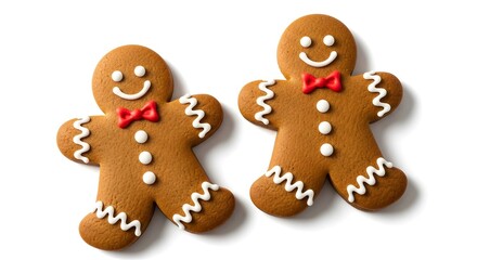 Two gingerbread men with red bow ties and white icing