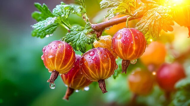 The image features vibrant gooseberries glistening with droplets of water, hanging richly from a green stem. The fresh gooseberries surround themselves with lush green leaves in a