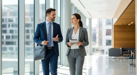 Two business professionals in suits walking and talking in a modern office hallway with large windows and natural light