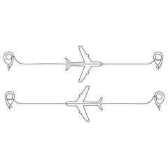 Continuous single line sketch drawing of airplane flying from maps pin pointer location.
