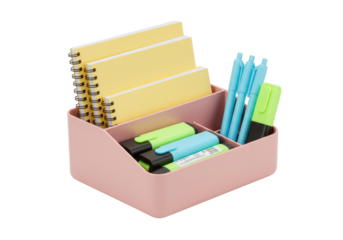 Isolated pink desk organizer with pens, highlighters, and notebooks for desk organization