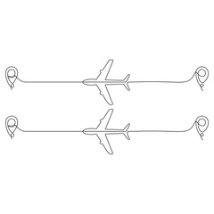 Continuous single line sketch drawing of airplane flying from maps pin pointer location.