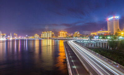 Fototapeta premium Blue Cityscape with Modern Buildings at Night Urban Night Photography