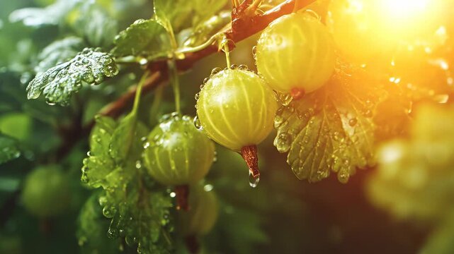 The image showcases ripe gooseberries glistening under soft sunlight, with droplets adorning their surface. Surrounding the luscious gooseberries, vibrant green leaves create a ref