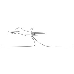 Continuous single line sketch drawing of airplane flying from maps pin pointer location.