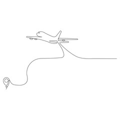 Continuous single line sketch drawing of airplane flying from maps pin pointer location.