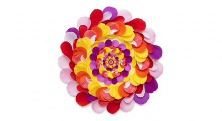 A vibrant, abstract mandala spiral made of colorful flower petals. This infinite fractal pattern is isolated on white. Perfect for wellness, love, or spa concepts.