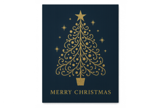 Christmas card displaying golden ornate tree pattern and merry christmas text on dark blue background