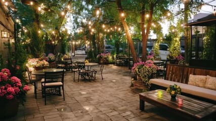 Outdoor patio features cozy seating area illuminated by string lights and surrounded by vibrant flowers, creating a warm gathering spot for evening relaxation