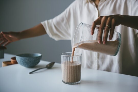 Happiness for a living mindset guide concept. Pouring a smoothie into a glass with a bowl in the background.