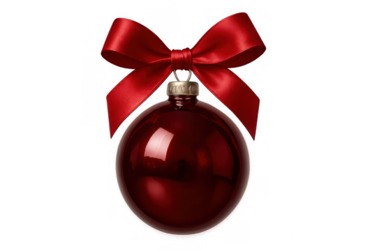 Red christmas bauble decoration with festive bow ornament, hanging for holiday celebration, transparent background - Powered by Adobe