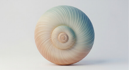 An elegant, 3D rendered spiral seashell in soft pastel colors. This minimalist design represents the golden ratio, calm, and nature. Isolated.
