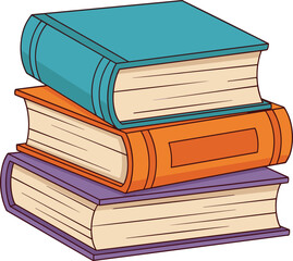 Stack of cartoon books, colorful illustration of textbooks, cute study books pile, education reading material, school library learning concept art
