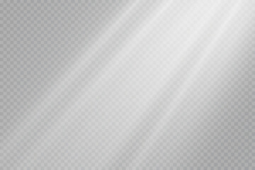  Glowing white light rays, sunshine flare on transparent background.
