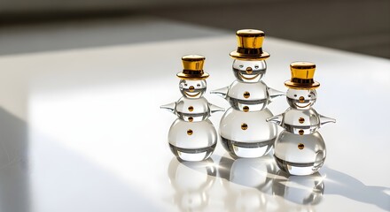 Three charming transparent glass snowman figurines with golden hats and black eyes and coal buttons on a white surface