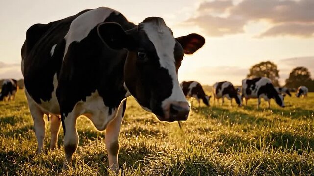 Holstein dairy cow grazing on green pasture at golden sunset rural farmland herd scene minimal signage guideline rule procedure standard teamwork office mechanism notification. Holstein cow on pasture