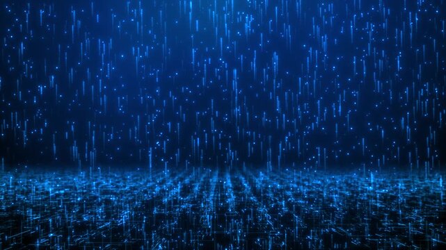 Blue Digital Data Lines Rising from Grid Floor. Cloud Computing and Data Upload Concept.