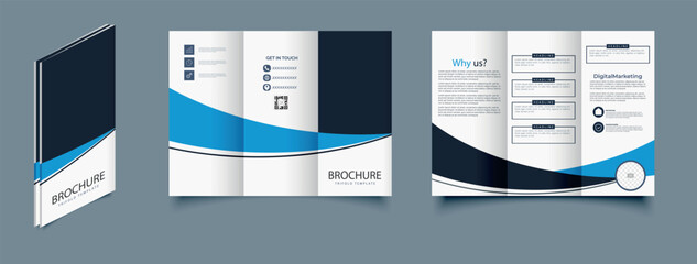 Professional vector trifold brochure template with elegant blue and black wave design. Clean and minimal corporate layout ideal for business, marketing, or digital agency presentations