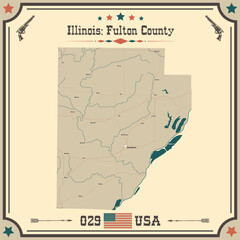 Large and accurate map of Fulton County, Illinois, USA with vintage colors.
