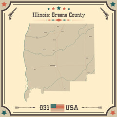 Large and accurate map of Greene County, Illinois, USA with vintage colors.