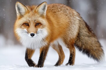 Obraz premium A solitary red fox elegantly prowls through a serene winter forest blanketed in soft snowflakes