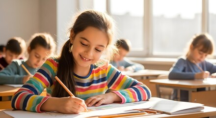 Happy young school girl with a colorful striped shirt diligently writing at her desk in a bright classroom