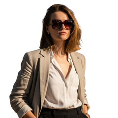 Stylish woman wearing sunglasses and blazer isolated on transparent background