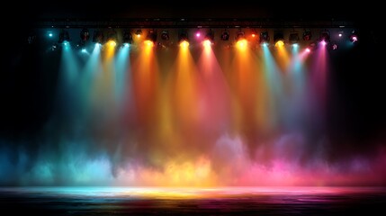 Stage with colorful spotlights and smoke effects.