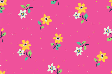 Seamless floral pattern; bright ditsy print in Liberty style. Cute botanical design; girly textile print of hand-drawn small colorful daisies and tiny leaves on a pink background. Vector illustration.