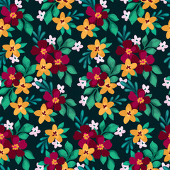 Seamless floral pattern, Liberty ditsy print of painted flowers, lush foliage. Simple cute botanical design in vintage motif, small hand-drawn flowers, little green leaves on dark. Vector illustration