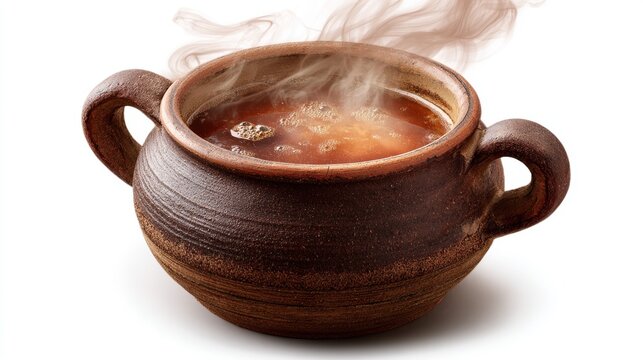 Steaming hot soup in rustic ceramic bowl with dual handles, traditional pottery style, comforting homemade meal with rising steam against white background