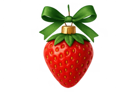 Strawberry christmas ornament with green ribbon and golden cap, festive holiday fruit decoration on transparent background