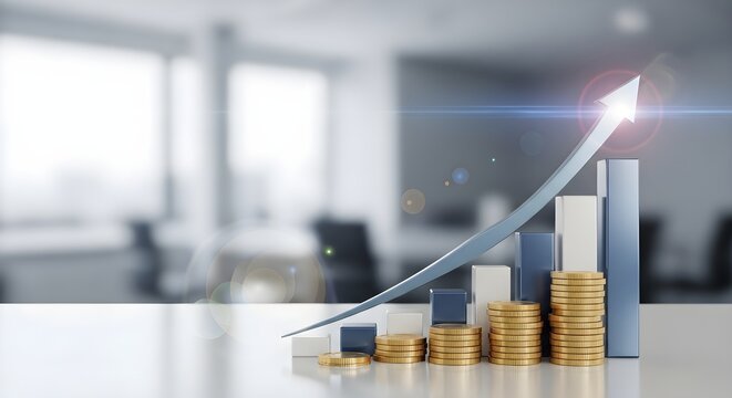 Financial growth and success depicted by rising stacks of gold coins and a dynamic upward trending bar graph chart