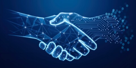 Digital Partnership and Future Business Concept: Glowing 3D Handshake Between Human and Technology with Circuit Board Lines.  AI and Technology Integration. Wireframe Polygon. Cybersecurity, Fintech, 