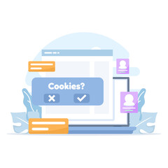 Browser cookies concept illustration showing accept or reject options. Symbol of website data storage and online service privacy management design.