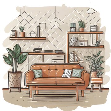 Cozy Living Room Interior Design Sketch with Plants and Furniture.