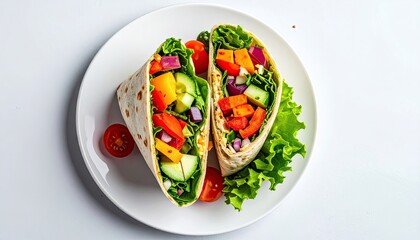 Freshly Prepared Wraps Filled With Colorful Vegetables And Lettuce Served On A White Plate Overhead View