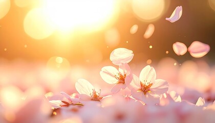 Gentle Falling Cherry Blossoms Under Warm Golden Sunlight with Soft Bokeh Background and Sun Flare Effect