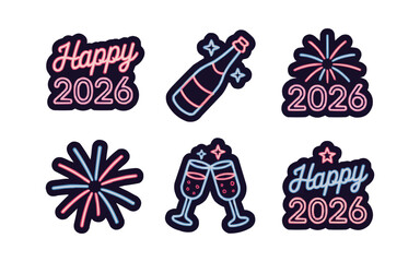 Celebrate the dawn of 2026 with vibrant neon fireworks, champagne, and joyful graphics to usher in new beginnings and festive cheer