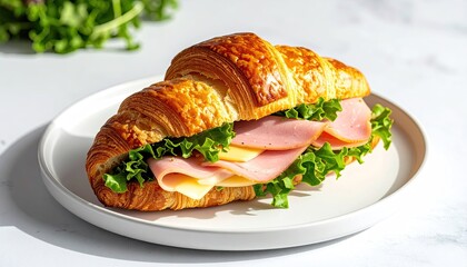 Golden Brown Croissant Sandwich Filled With Sliced Ham Swiss Cheese And Fresh Green Lettuce On A White Plate With Soft Natural Lighting And A Blurred Green Leafy Background