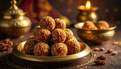 Golden brown onde onde pandan glutinous rice balls filled with gula melaka stacked on a brass plate with almonds and a lit candle in the background a warm and inviting scene