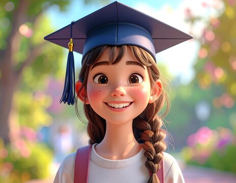 Animated girl wearing a graduation cap, smiling and happy